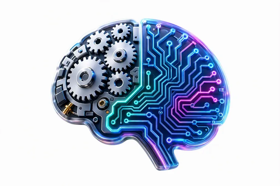 A brain made half of gears and half of circuitry, standing for applied AI