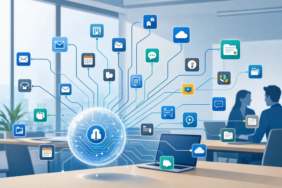 Business apps such as email, calendars, files and chat connected through one automation hub