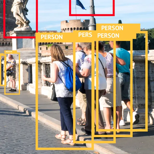 Detected people on a bridge, each marked with a labelled box