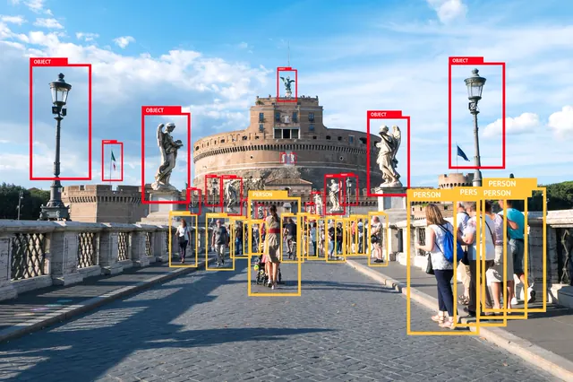 Historic bridge scene with people and landmarks marked by labelled boxes