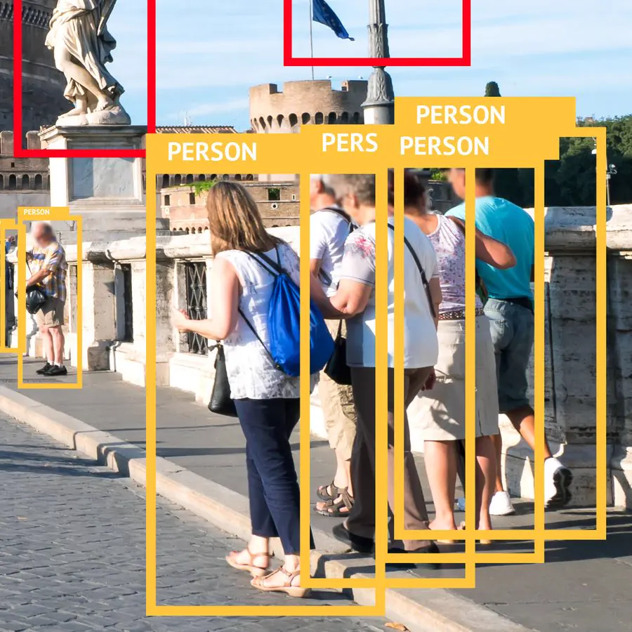 Detected people on a bridge, each marked with a labelled box
