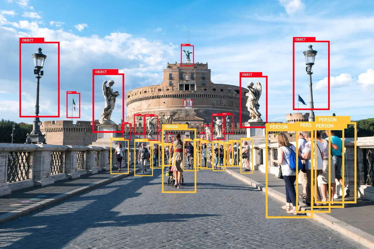 Historic bridge scene with people and landmarks marked by labelled boxes